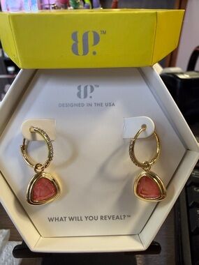 Gold-Tone Hoop Earrings with Pink Triangle Stone Drops by Brighton